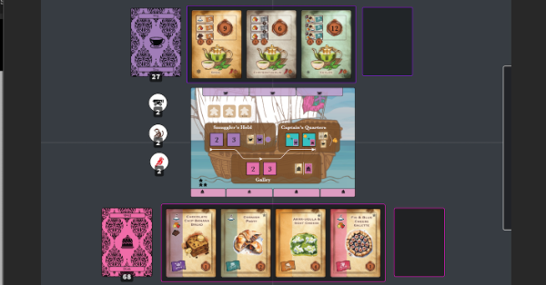 A center board with a ship and multiple action spaces, surrounded by 3 Tea cards above it and 4 Dish cards below.